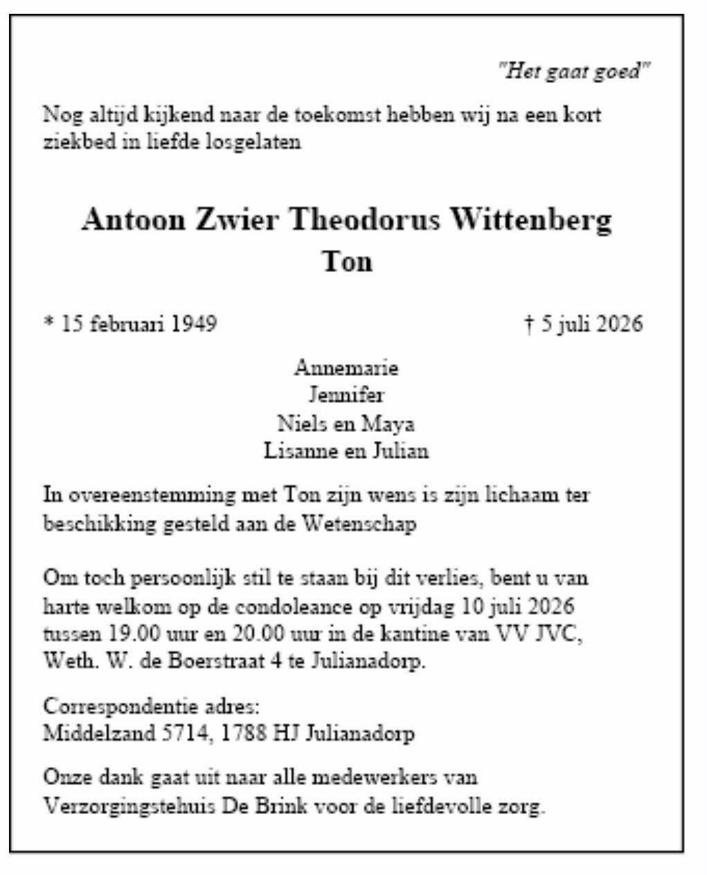 Overlijden van Ton Wittenberg